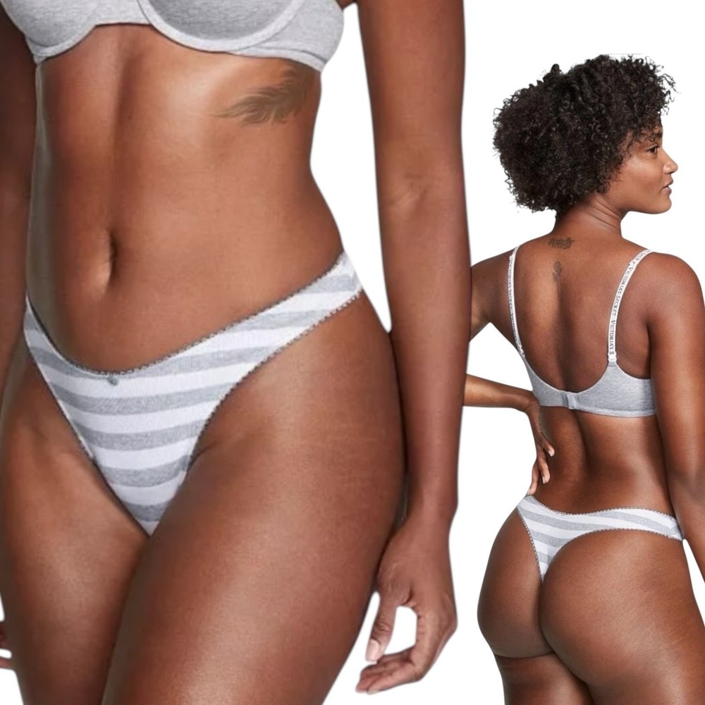 Victoria's Secret Cotton Boyfriend Rib Thong Womens XS Grey Striped NWT